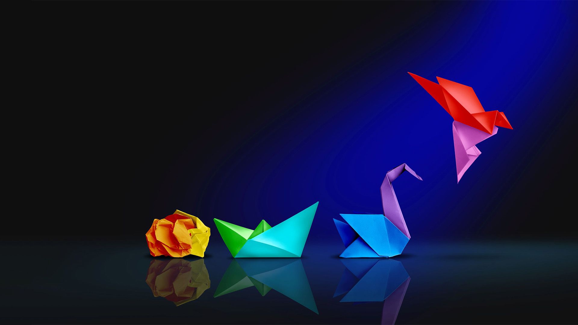 Transform and success or changing to succeed concept and leadership in business through innovation and evolution of ability as a crumpled paper transforming into a boat then a swan and a flying bird as a metaphor.