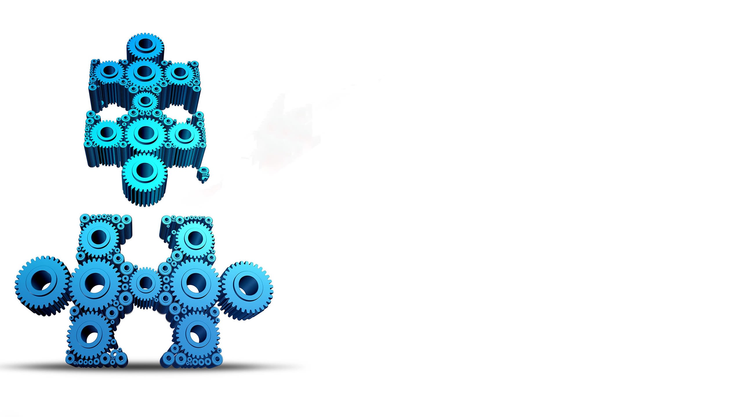 Group connections with two connected networks of gears and cogs shaped as jigsaw puzzle pieces that are attaching together as a working business team for success on a white background.